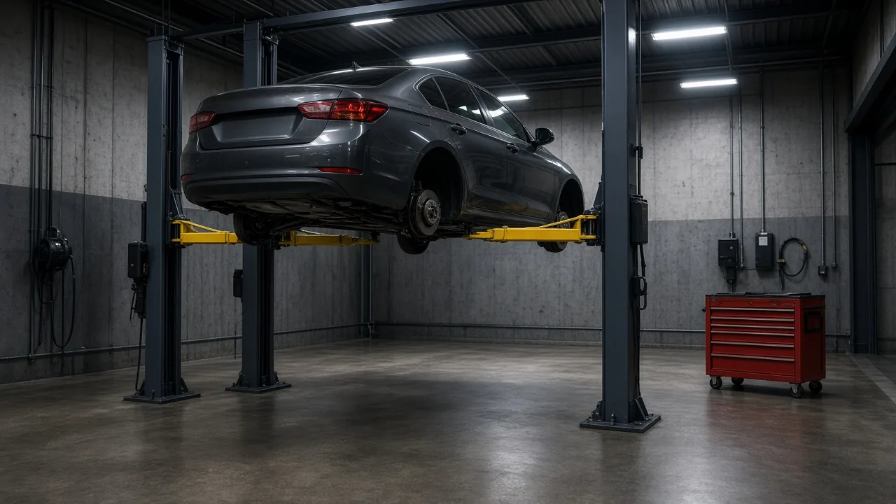 A gray sedan raised on a two-post lift with yellow arms in a clean, empty repair bay with a red tool chest